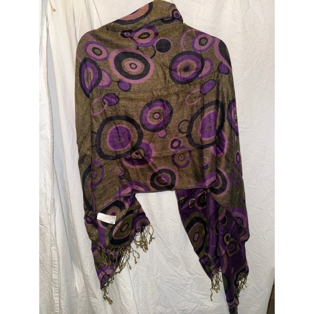D&G Pashmina Cashmere Silk Scarf Purple Gold Circle Print Fringe Wrap Shawl